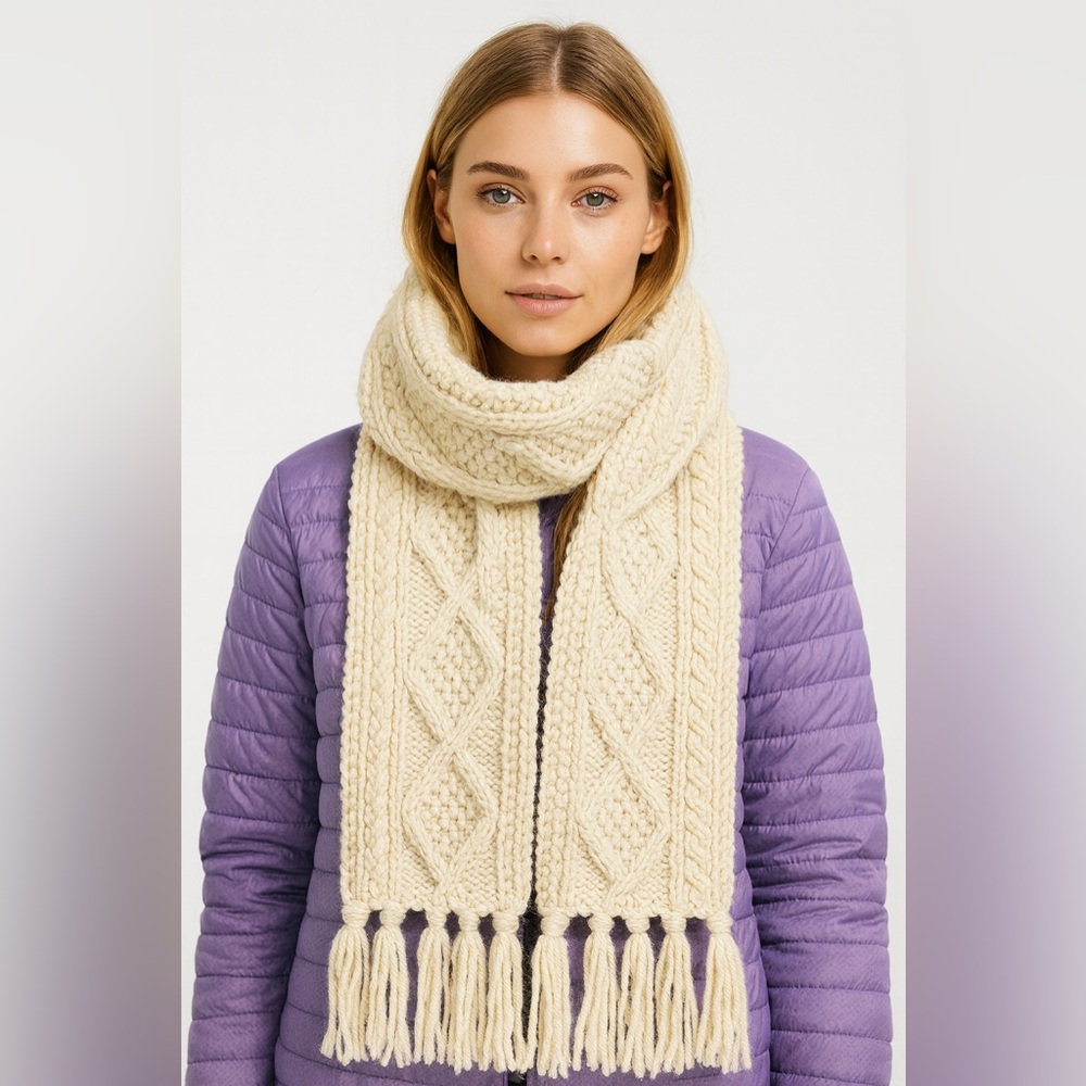 Kennedy of Ardara Handknitted Cream‎ Wool Knit Fisherman Scarf with Fringe OS